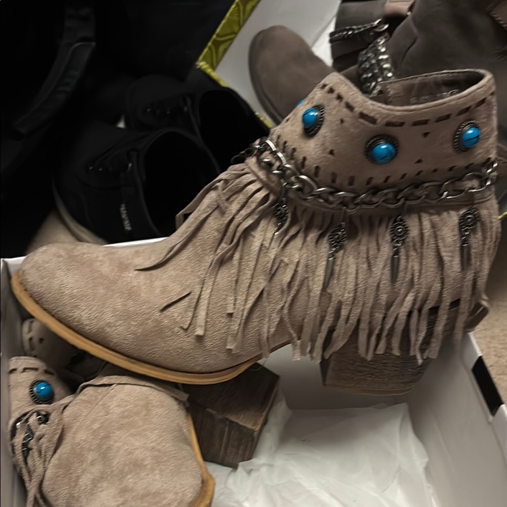 Fringed Suede Ankle Boots with Turquoise Accents